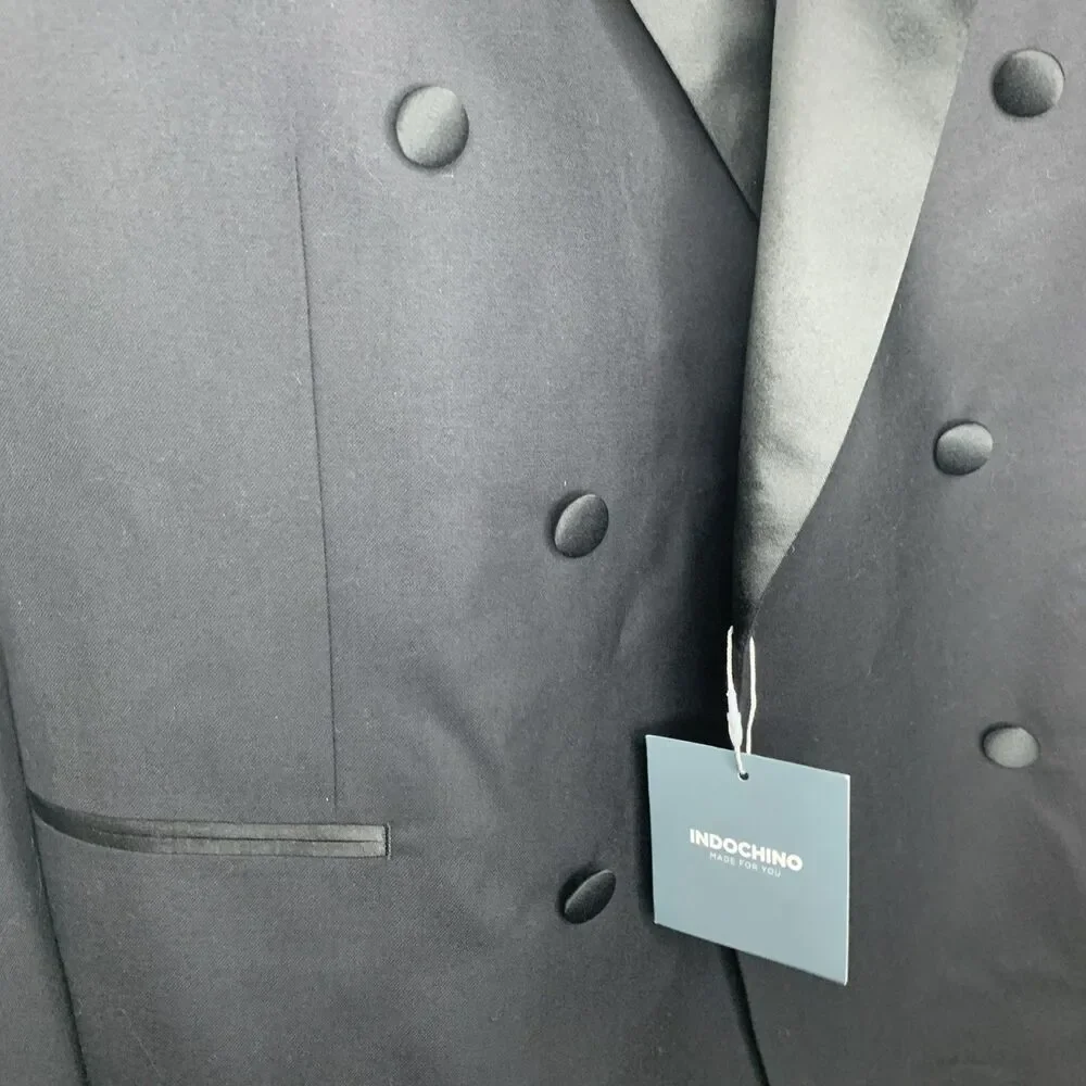 Indochino Black Wool Cashmere Tuxedo Blazer Skull Lined Goth 44R Custom Fit NWT